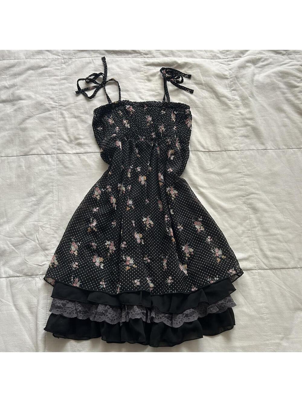 Axes Femme Black Floral Polka Dot Lace Ruffle Dress Medium Japan
